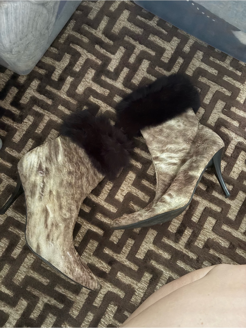 Vintage Brown Patterned Real Fur Cuff Ankle Boots